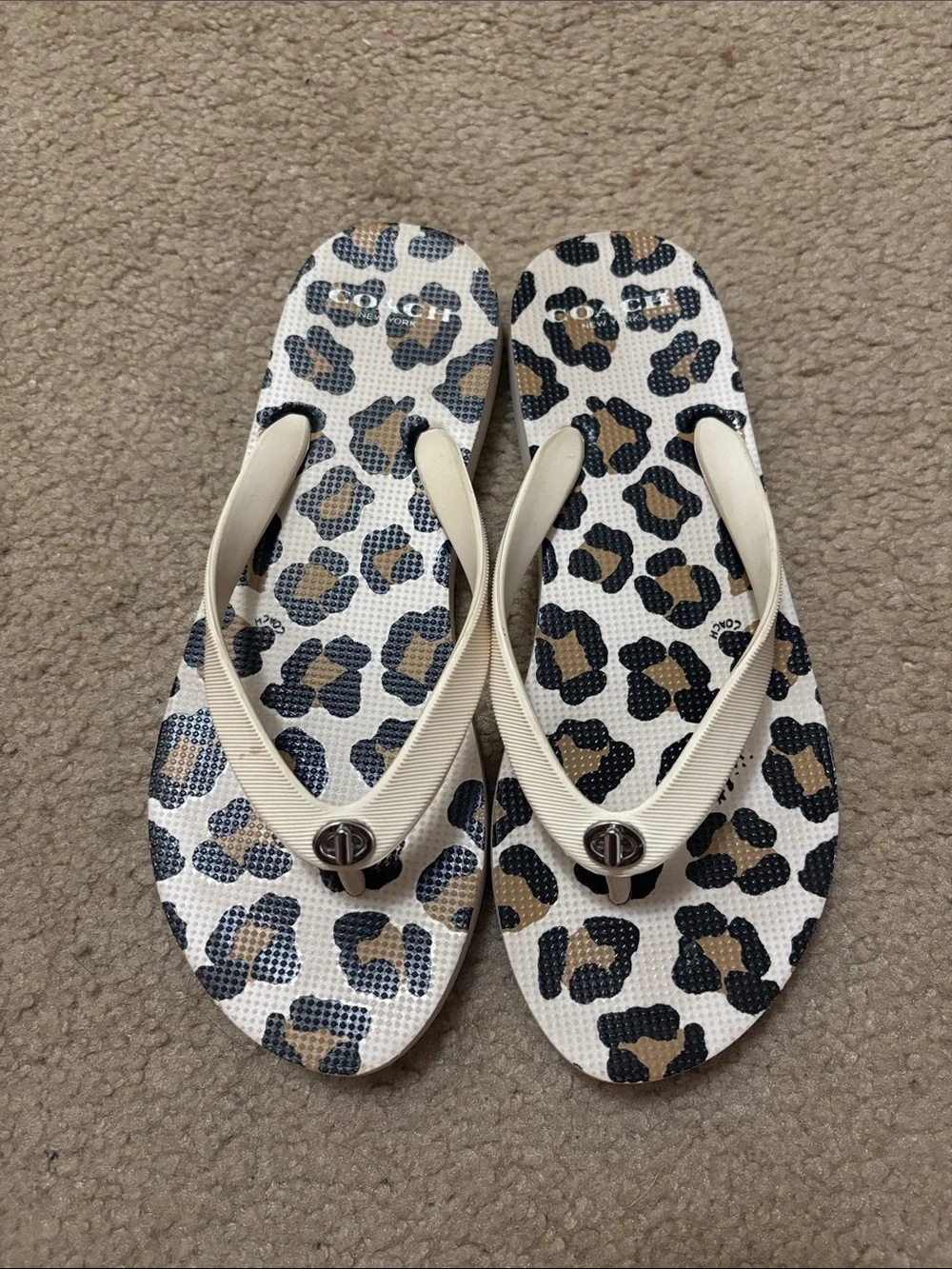 Coach Leopard-Print Flip Flops with Cream Straps